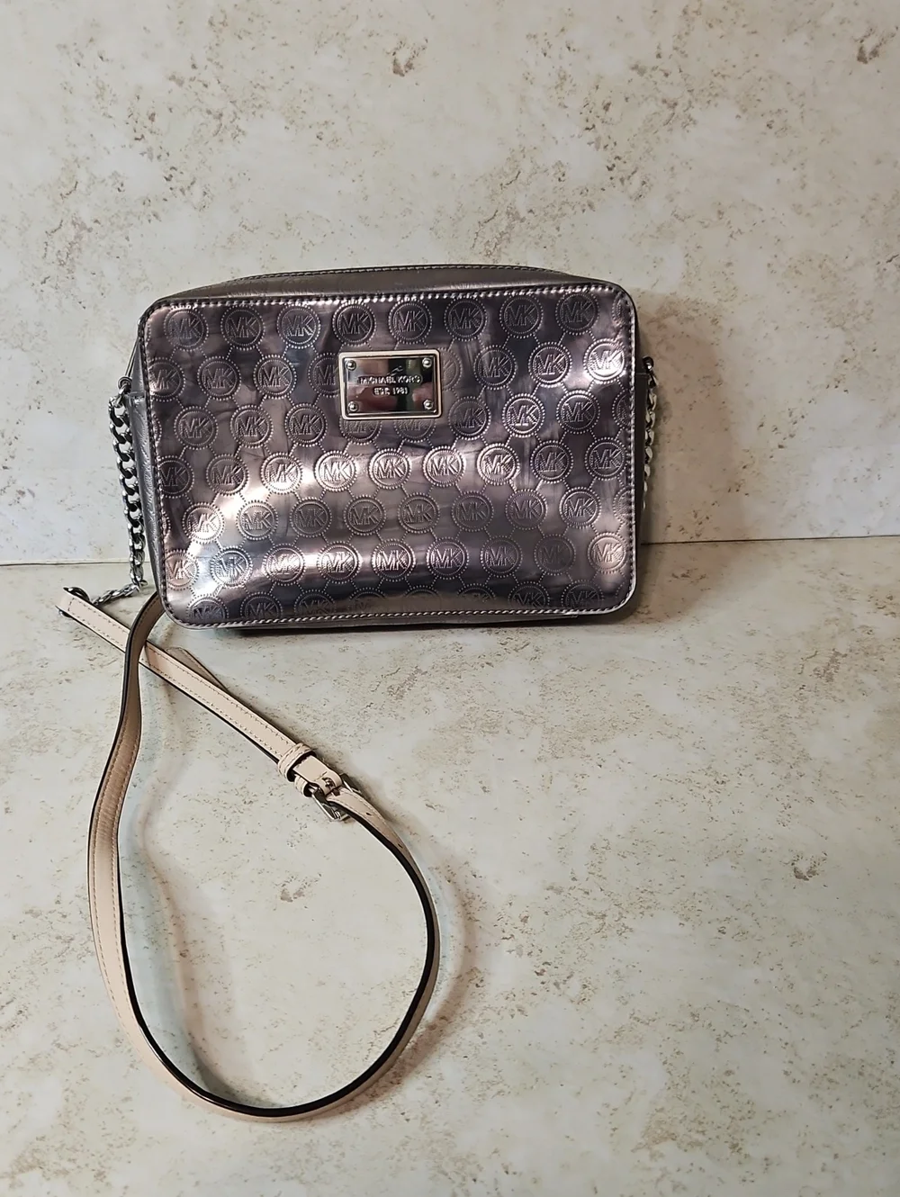 Michael Kors Metallic Silver MK Logo Crossbody Bag
